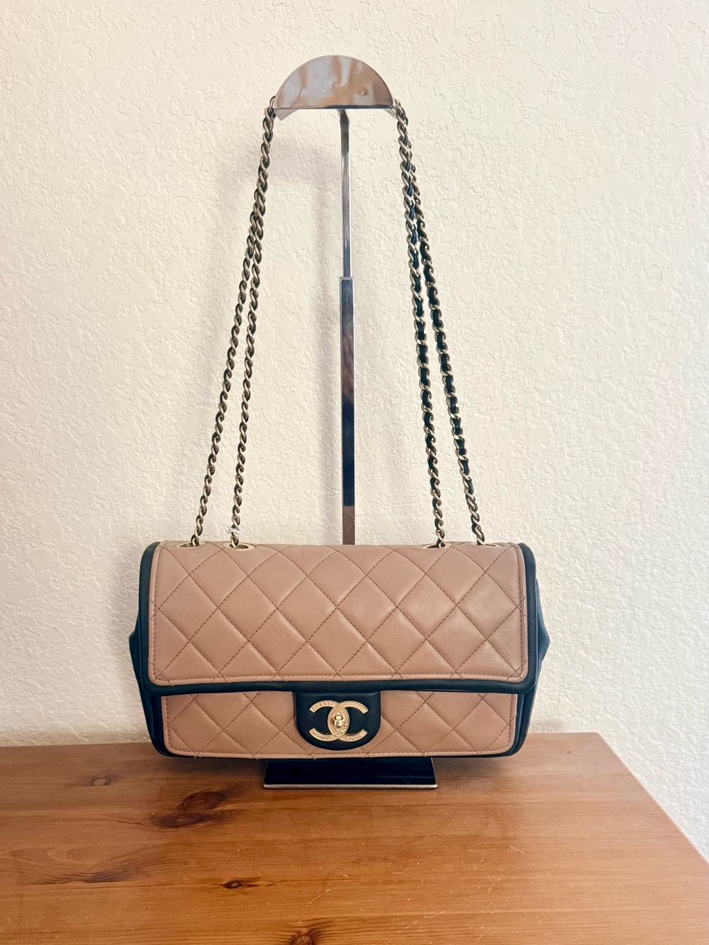 Authentic Chanel Quilted Flap Shoulder Bag - Beige with Black Trim